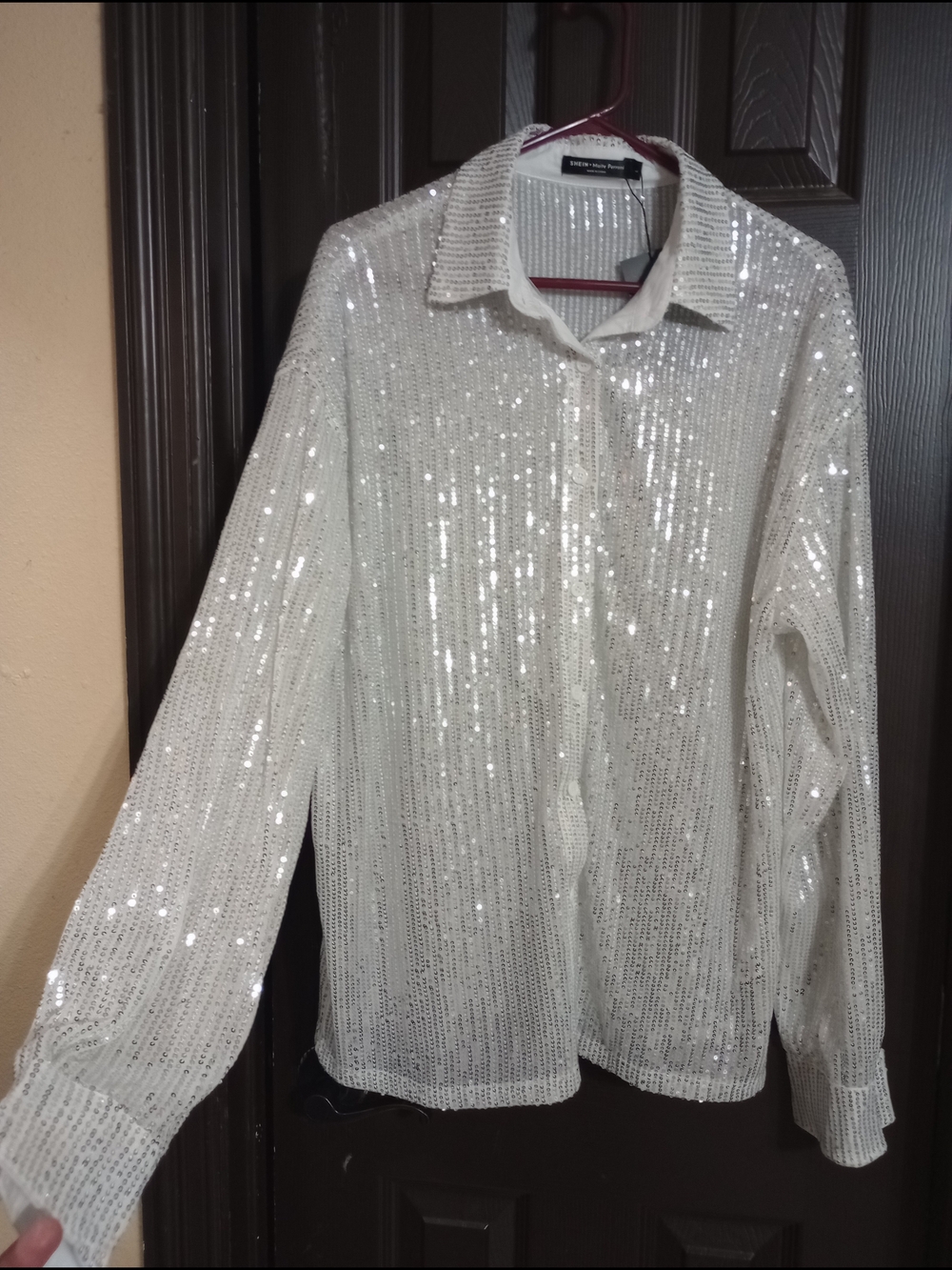 White Sequin Button-Up Shirt & Pants